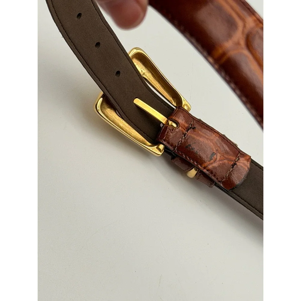 Jacqueline Ferrar Brown Croc Embossed Leather Belt Gold Buckle Made in Italy L